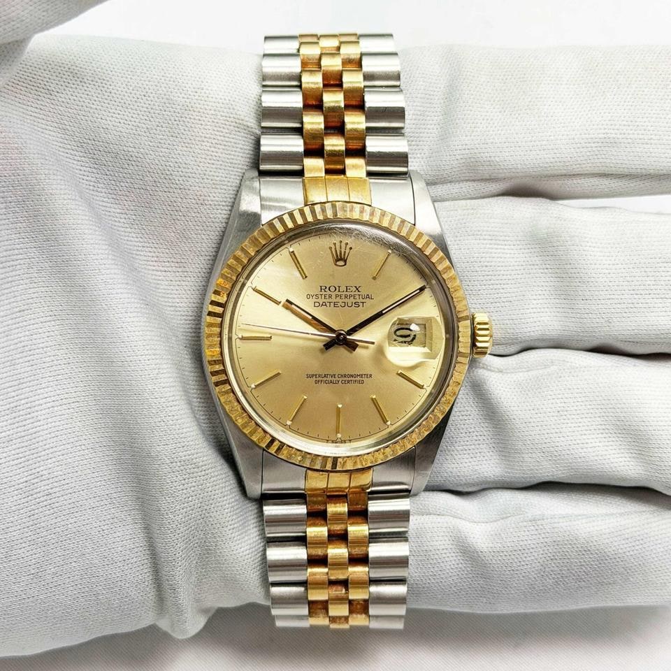 Rolex Datejust 36 mm šampaňský ciferník vroubkovaná luneta Jubilee dvoubarevné 18K žluté zlato 1987, 16013 — 1 z 12