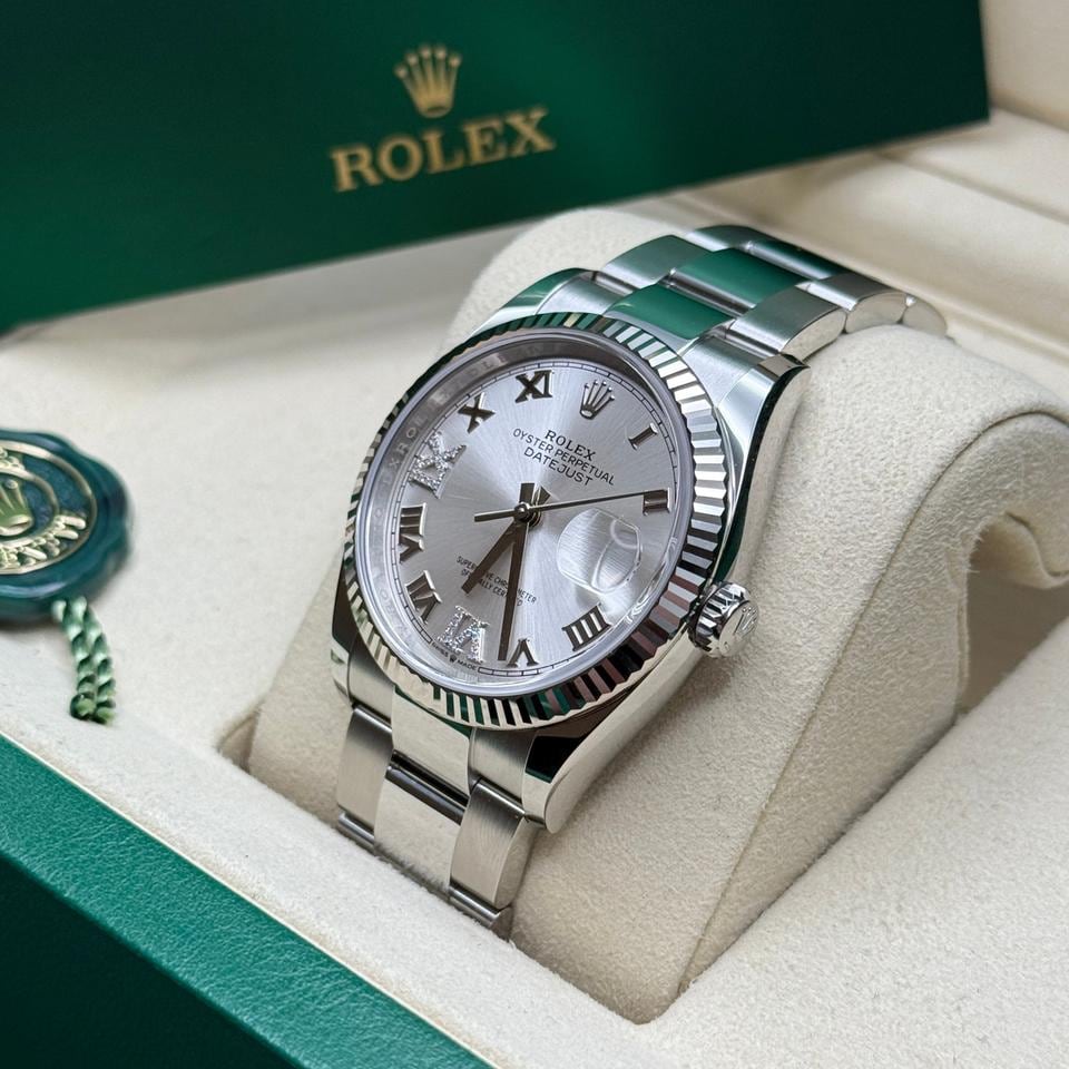 Rolex Datejust 36 stříbrný římský diamantový ciferník 6 9 z nerezové oceli, vroubkovaná luneta, náramek Oyster, zcela nové 2026, 126234 — 2 z 8