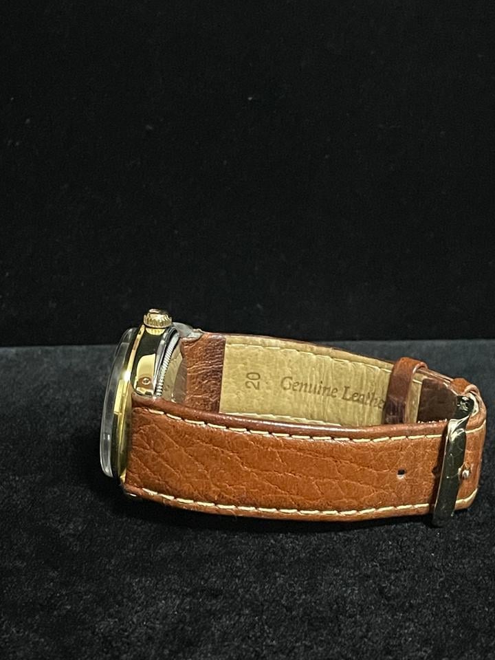 Rolex Oyster Perpetual Date šampaňský hůlkový ciferník zlatá skořepina hnědý kožený řemínek 34mm 1984, 15505 — 2 z 12