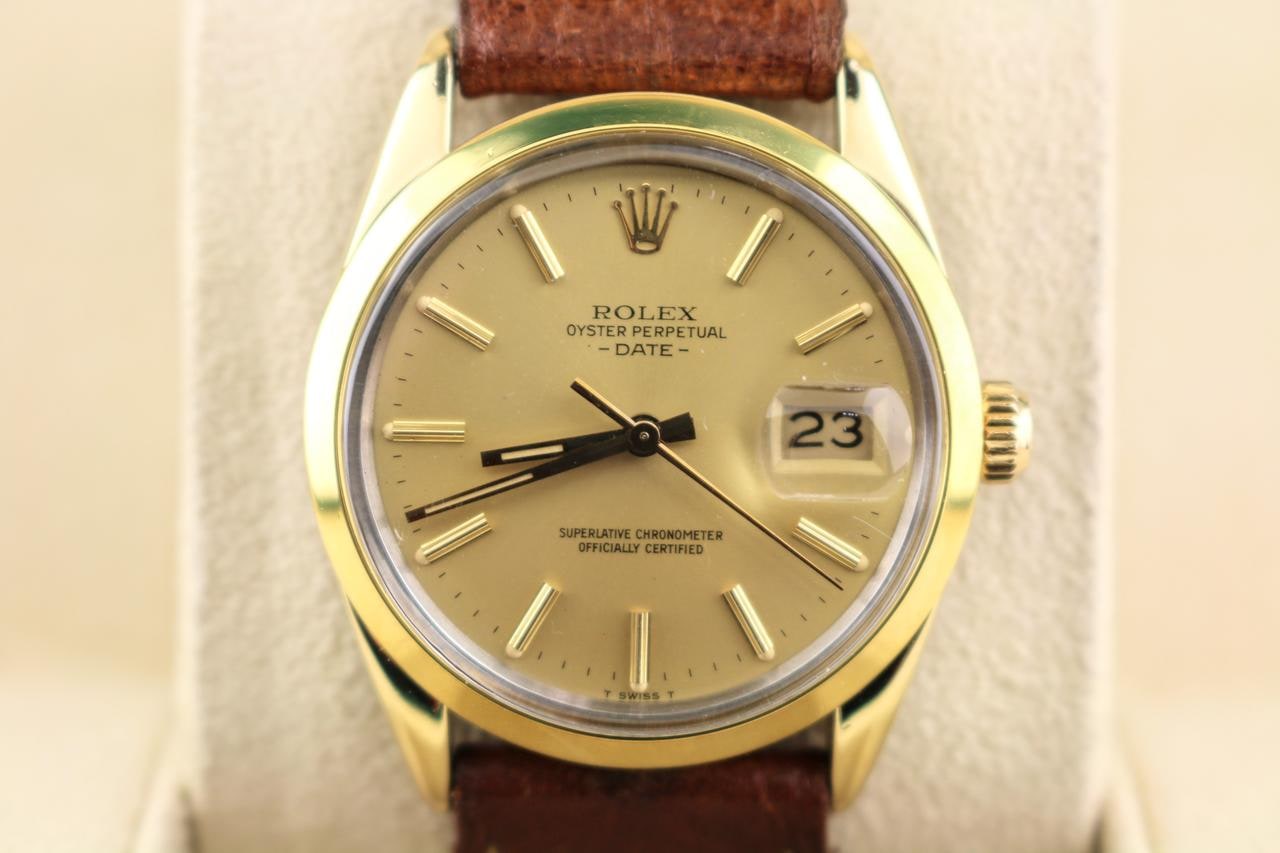 Rolex Oyster Perpetual Date šampaňský hůlkový ciferník zlatá skořepina hnědý kožený řemínek 34mm 1984, 15505 — 1 z 12