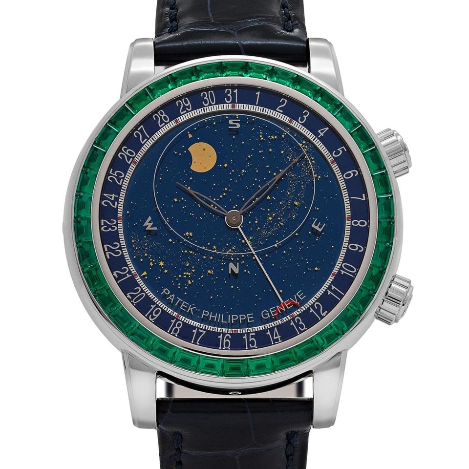 Patek Philippe Celestial Joaillerie Grand Complications Platin Blaues Zifferblatt Smaragd Lünette 2025, 6104/13P-010 — 1 von 13