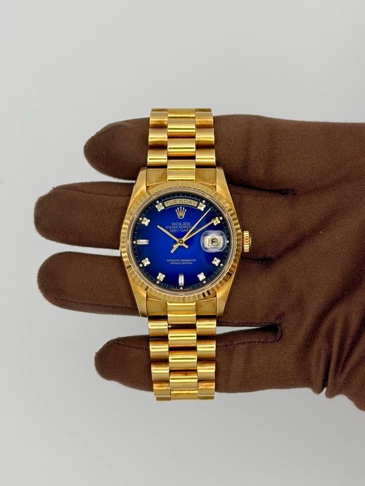 Rolex Day Date 36 Blue Vignette Diamond Dial Yellow Gold 1990, 18238 — 1 of 8