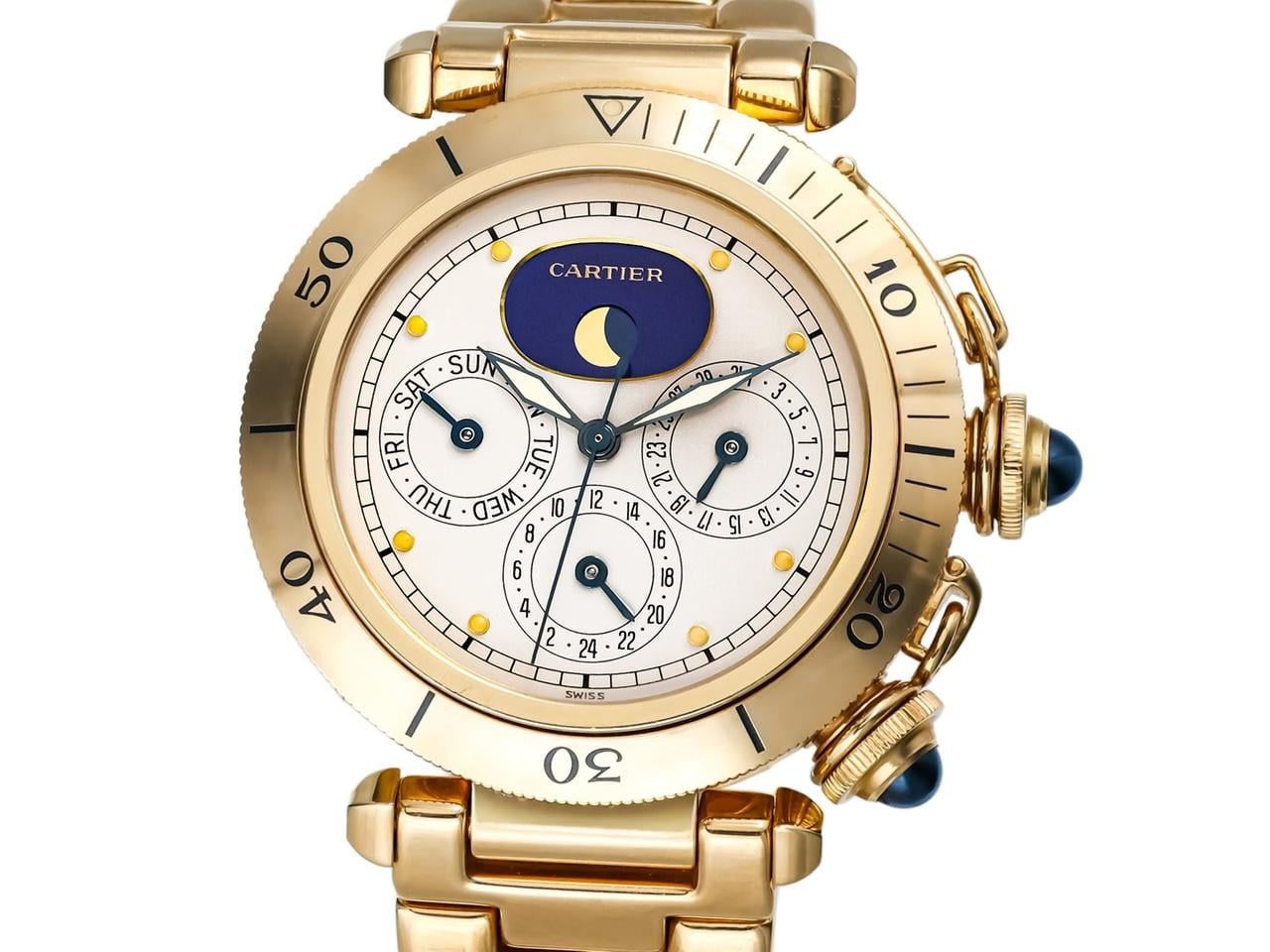 Cartier Pasha Ewiger Kalender Mondphase Gérald-Genta-Design Quarz 18 Karat Gelbgold Armband Box 1989, 0570 — 1 von 9