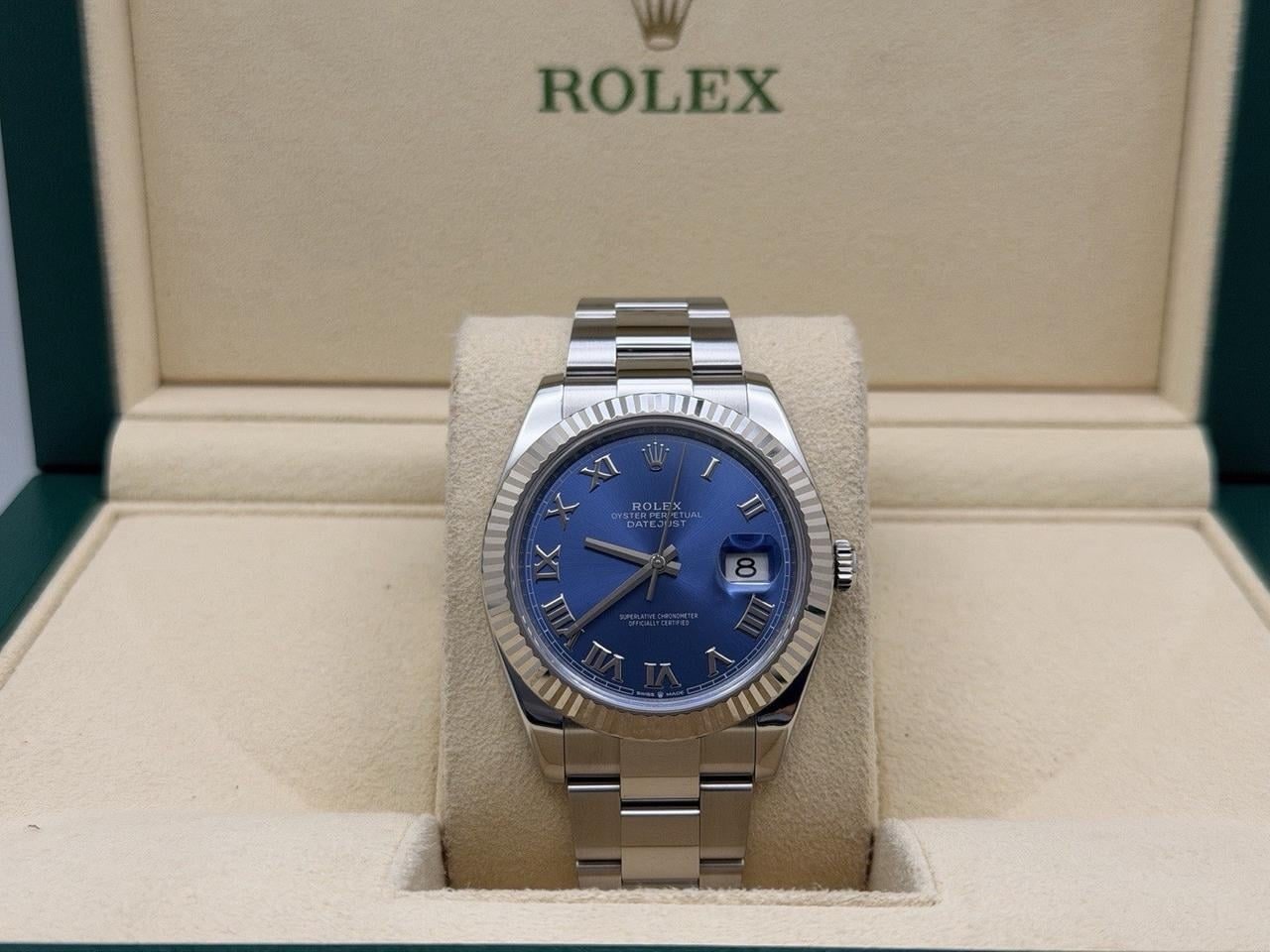 Rolex Datejust 41 mm azurově modrý římský ciferník 18K zlato nerezová ocel krabice, 126334 — 1 z 13
