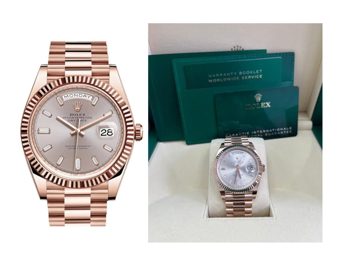 Rolex Day Date 40 žlábková luneta Sundust ciferník s bagetovými diamanty náramek President, 228235 — 1 z 15