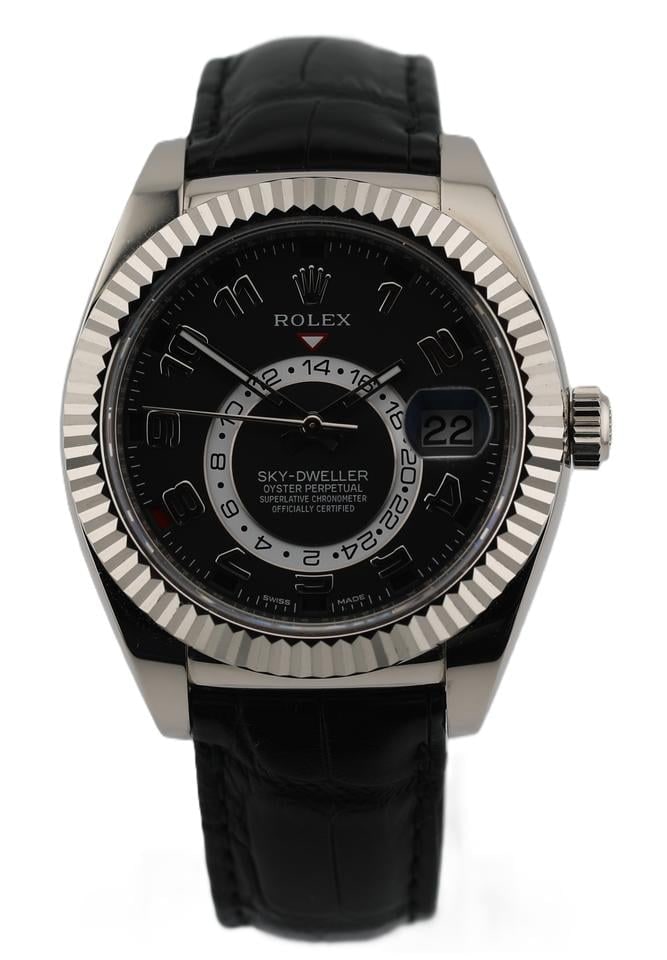 Rolex Sky Dweller 18K bílé zlato 42mm černý arabský ciferník kožený řemínek, 326139 — 1 z 16