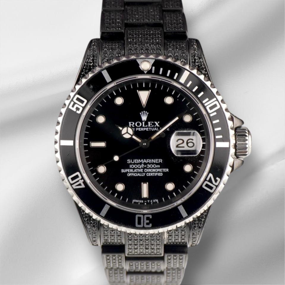 Rolex Submariner Date 40mm černé ledové 5ct diamanty Oyster nerezové ocelové hodinky, 16610 — 1 z 10