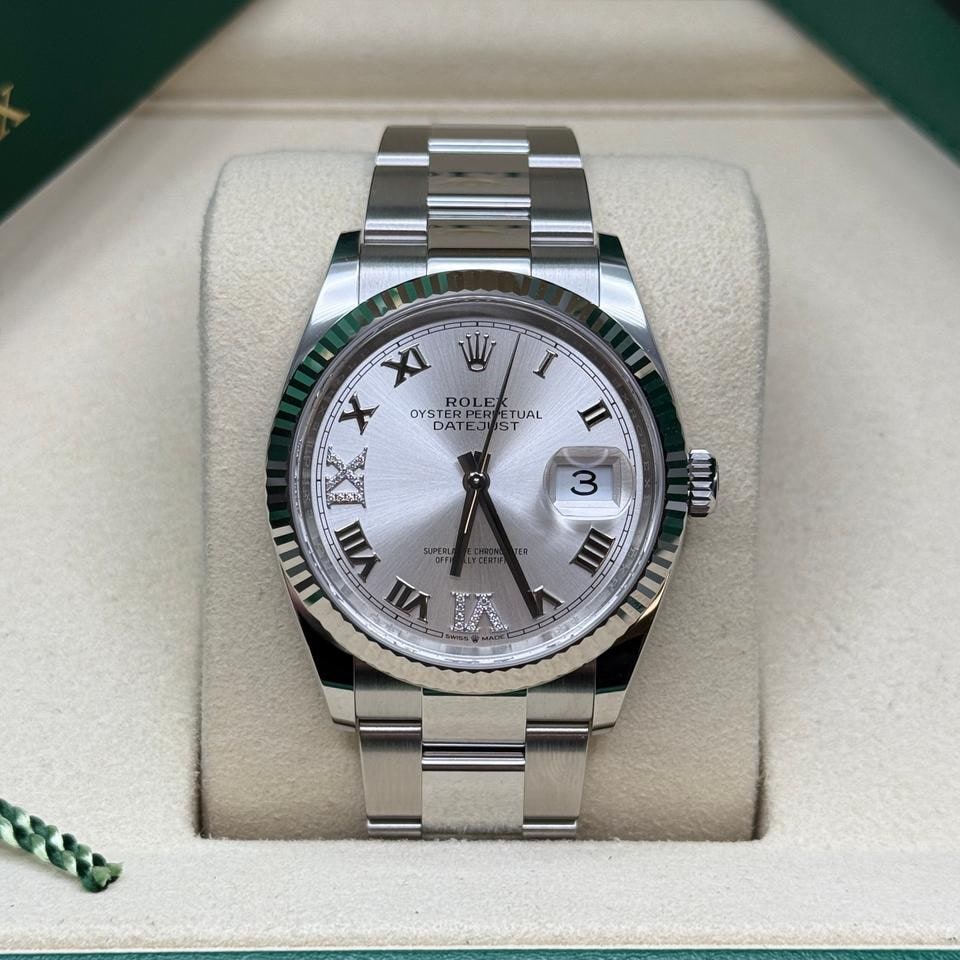 Rolex Datejust 36 stříbrný římský diamantový ciferník 6 9 z nerezové oceli, vroubkovaná luneta, náramek Oyster, zcela nové 2026, 126234 — 1 z 8