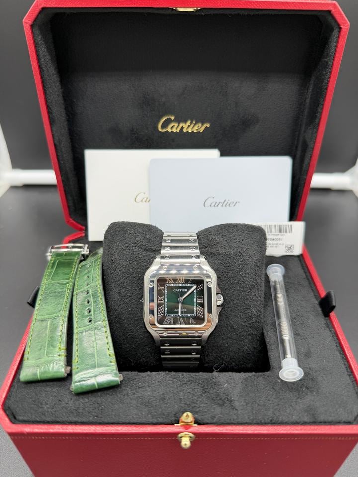 Cartier Santos de Cartier 2024 grünes Zifferblatt Stahl Komplettbox Papiere mit Lederarmband, WSSA0061 — 2 von 8