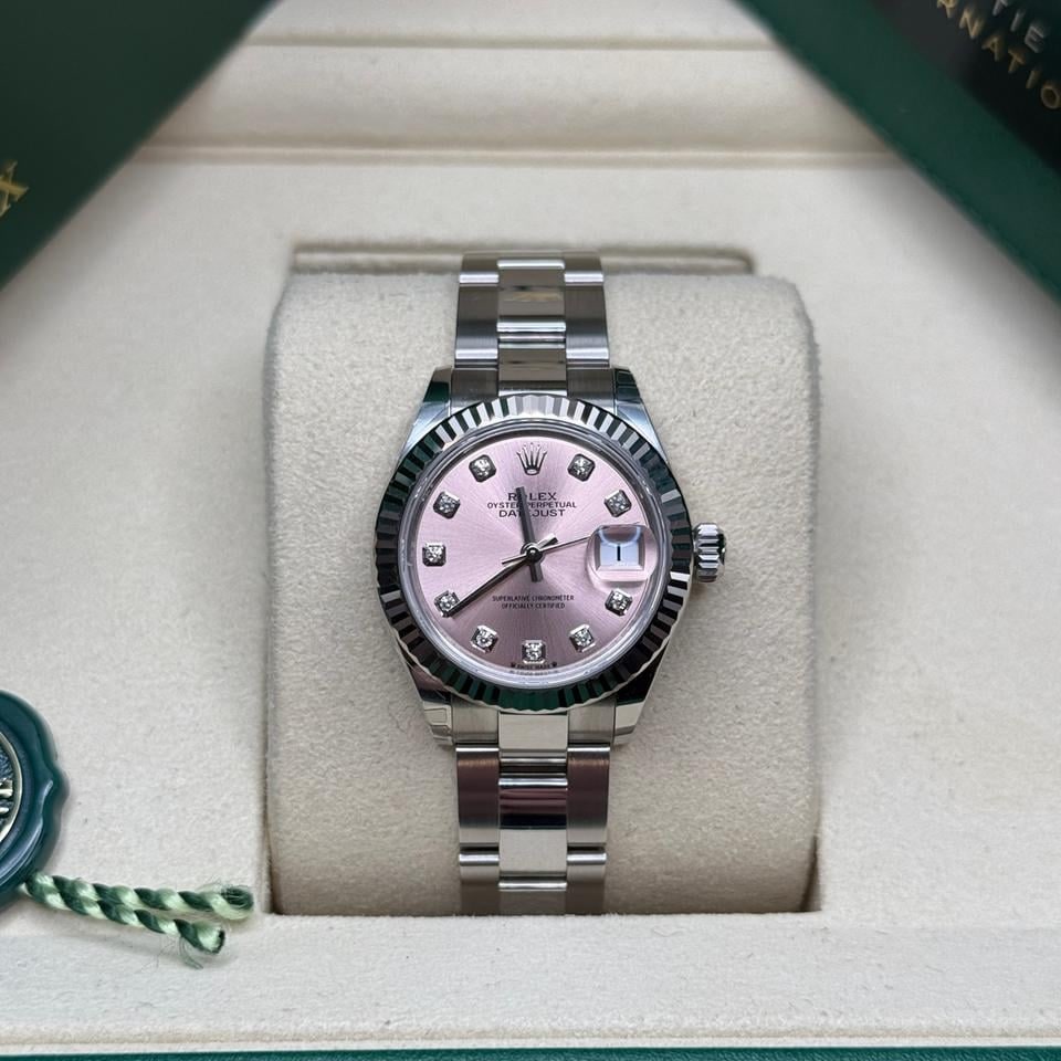 Rolex Lady Datejust růžový diamantový ciferník nerezová ocel vroubkovaná luneta náramek Oyster zcela nové 2026, 279174 — 1 z 8