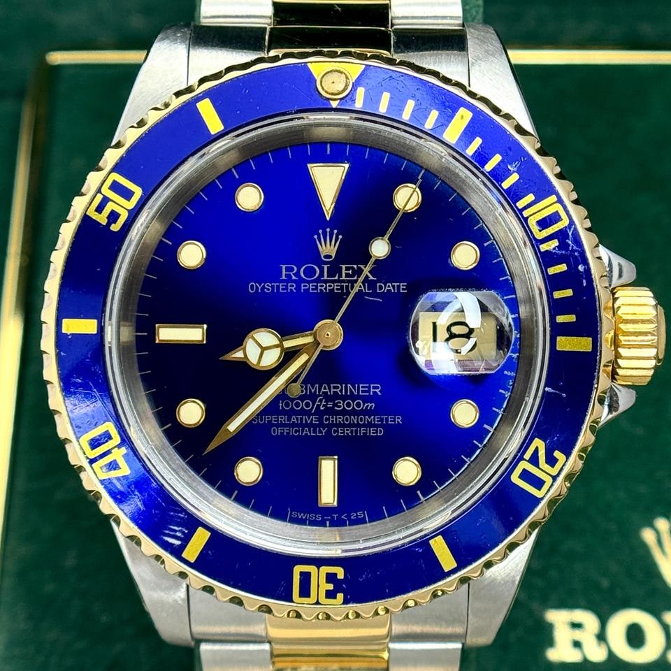 Rolex Submariner Date 40mm dvoubarevné žluté zlato modrá luneta ciferník Oyster originální krabice 1990, 16613 — 1 z 14